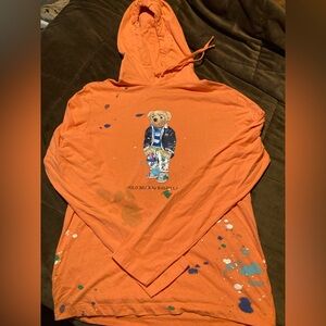 Polo Ralph Lauren Orange Long sleeve with Polo Bear, small, paint splatter, hood